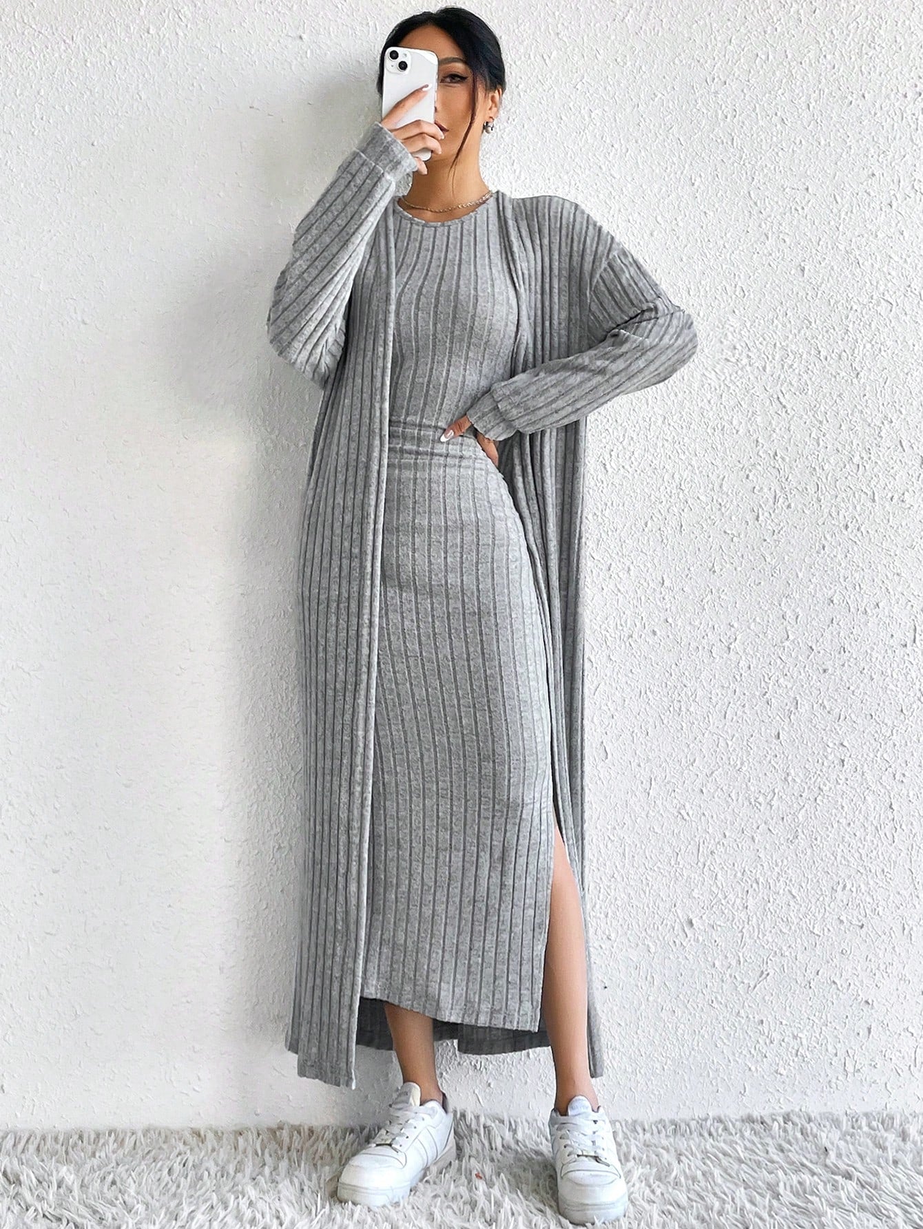 DEMI™ Dress Set | Autumn Ribbed Knit Dress & Cardigan Set