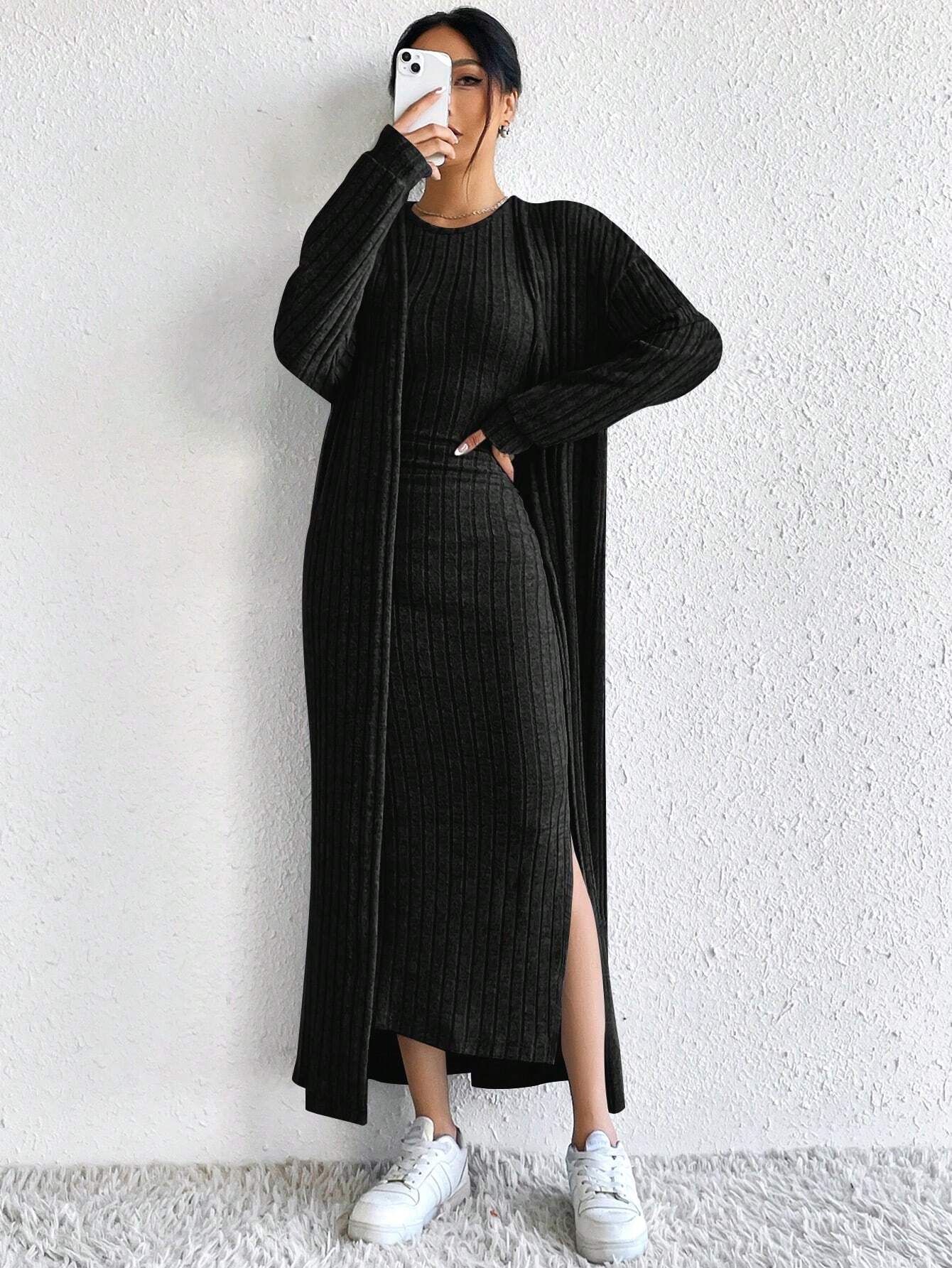 DEMI™ Dress Set | Autumn Ribbed Knit Dress & Cardigan Set