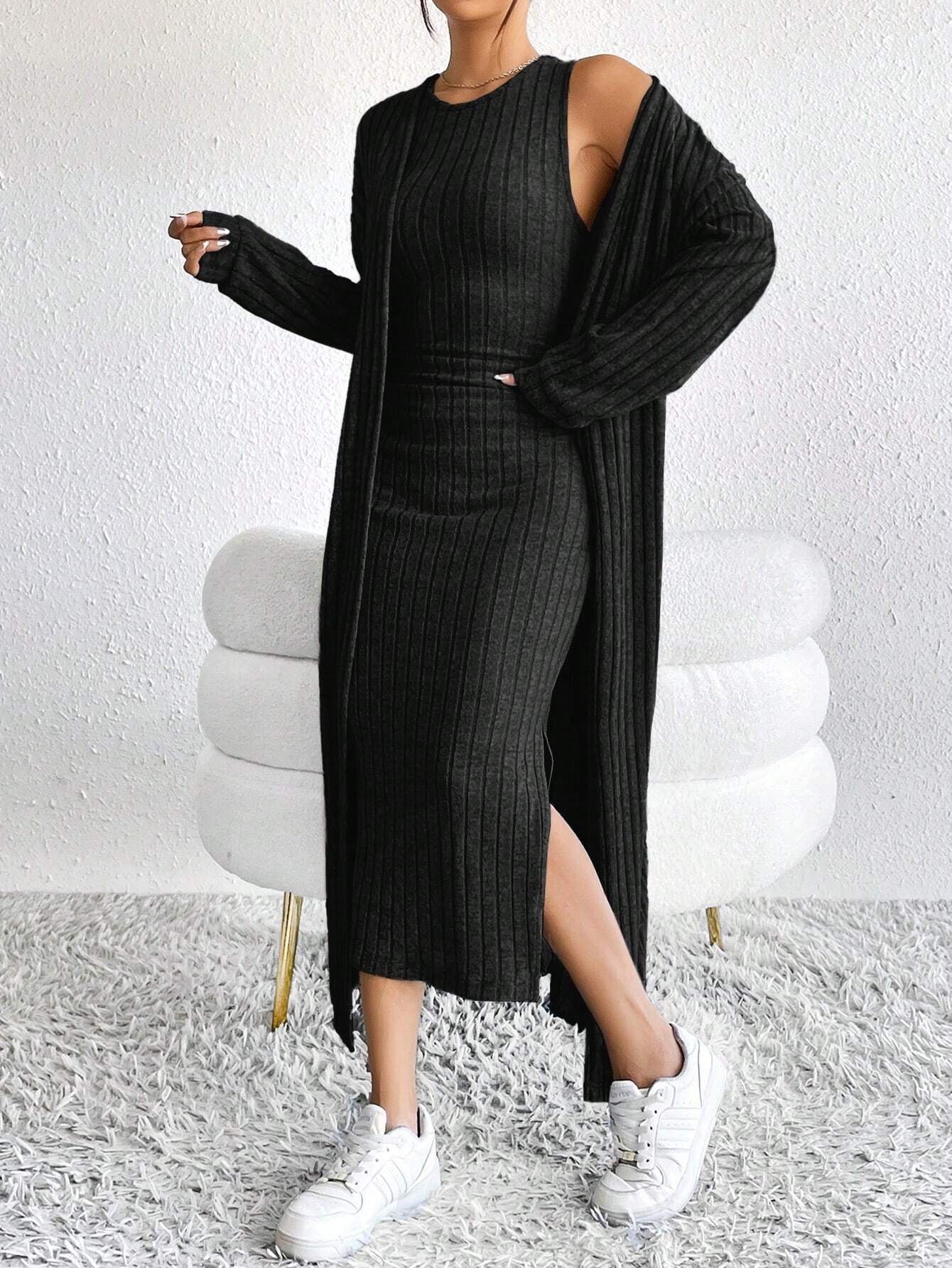 DEMI™ Dress Set | Autumn Ribbed Knit Dress & Cardigan Set
