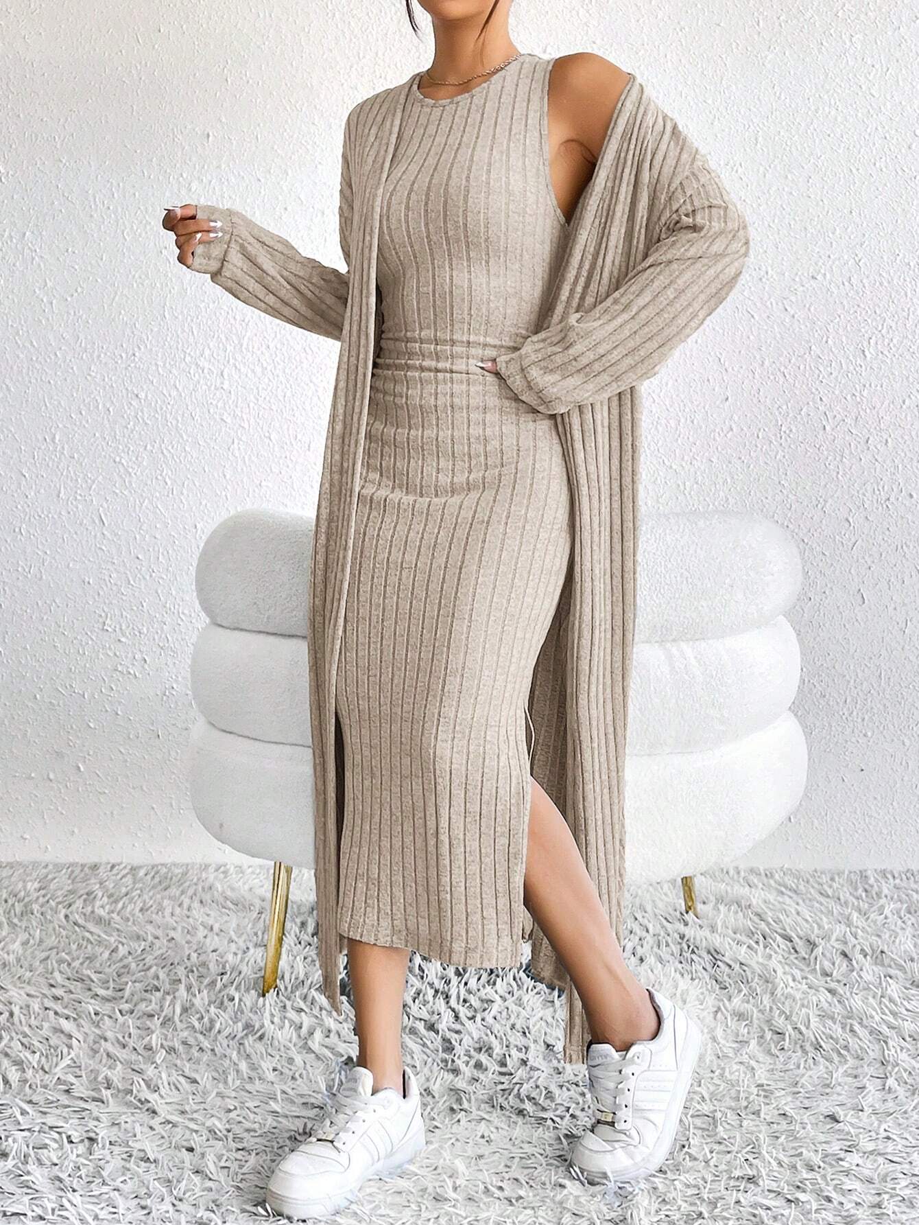 DEMI™ Dress Set | Autumn Ribbed Knit Dress & Cardigan Set