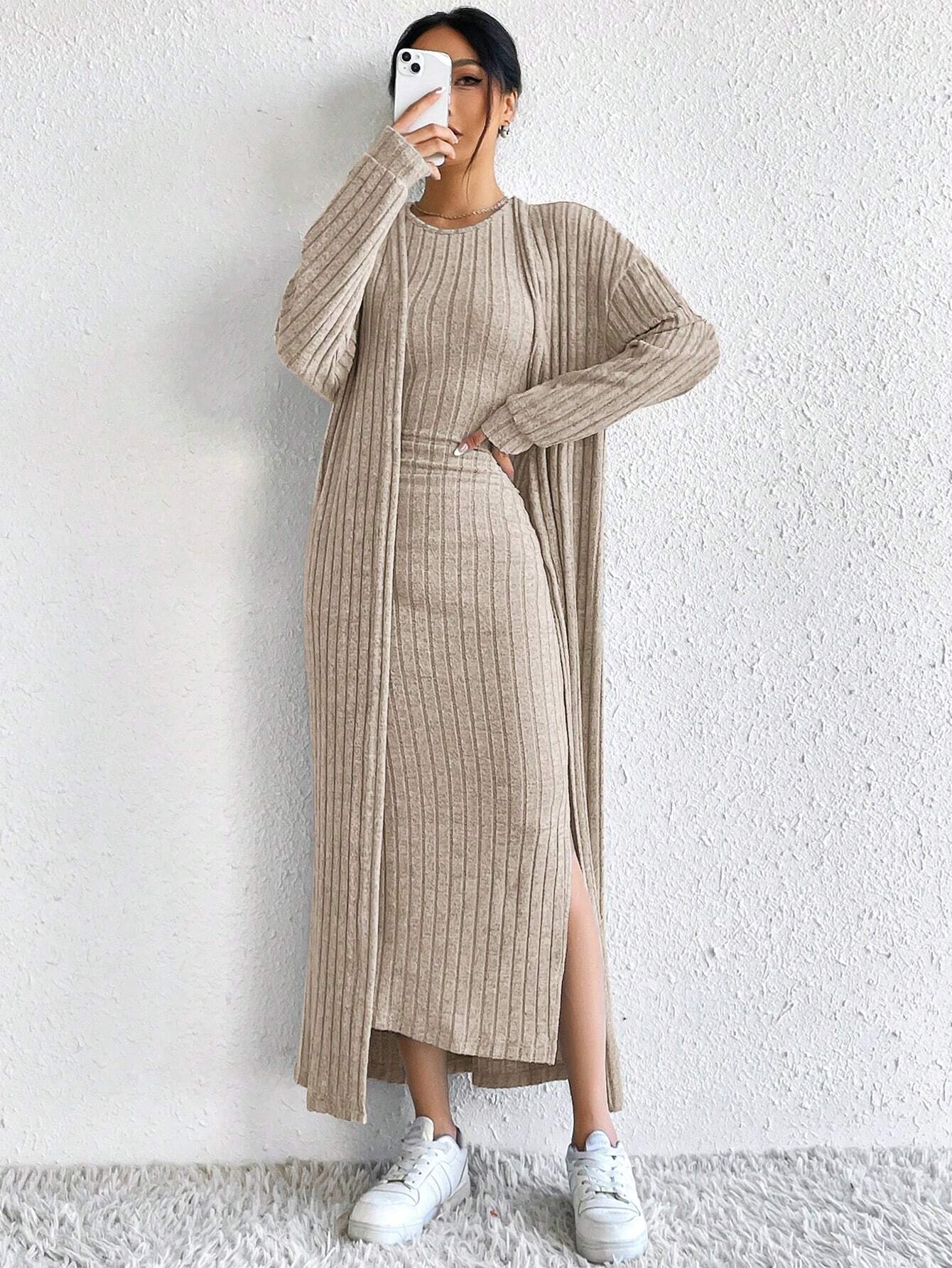DEMI™ Dress Set | Autumn Ribbed Knit Dress & Cardigan Set
