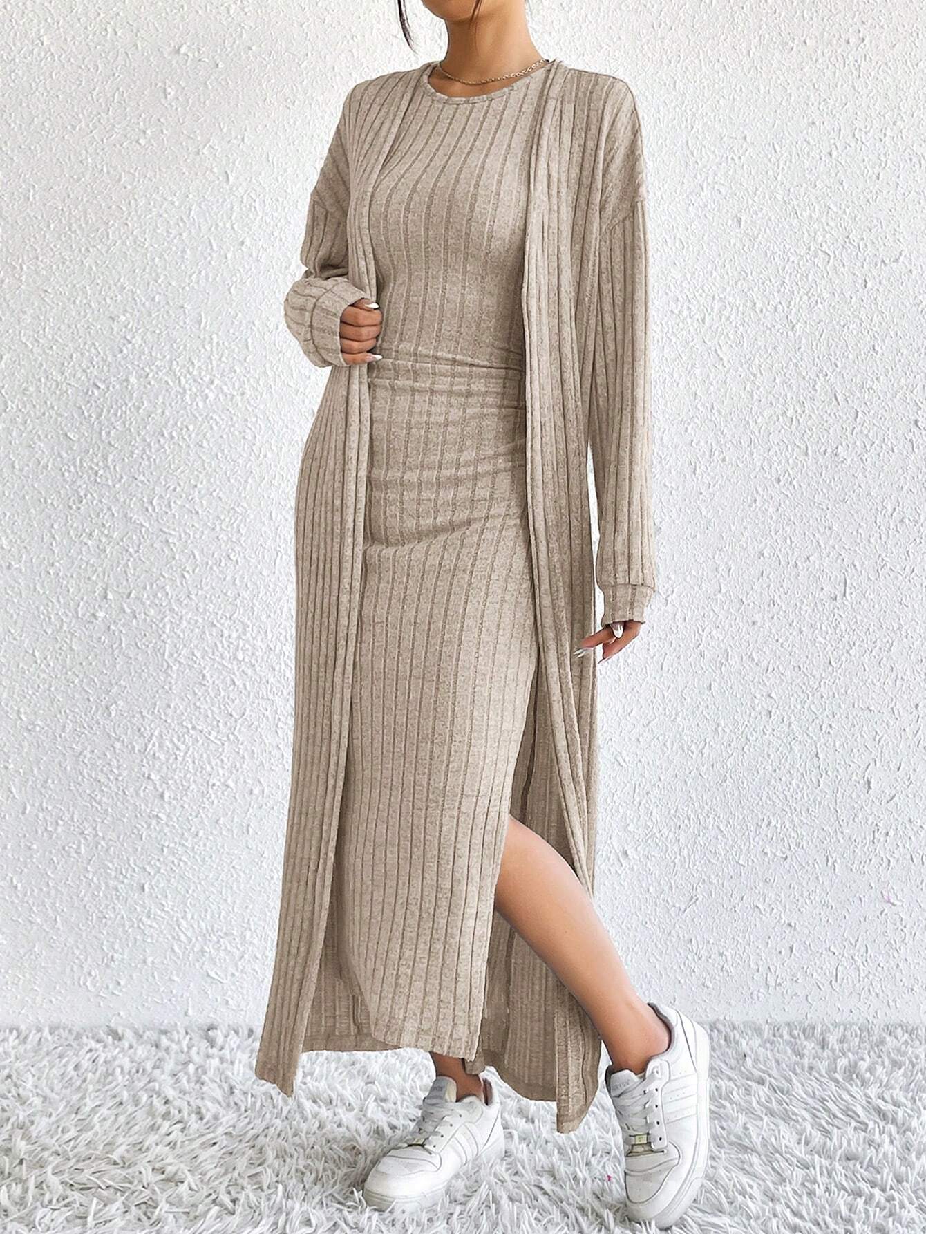 DEMI™ Dress Set | Autumn Ribbed Knit Dress & Cardigan Set