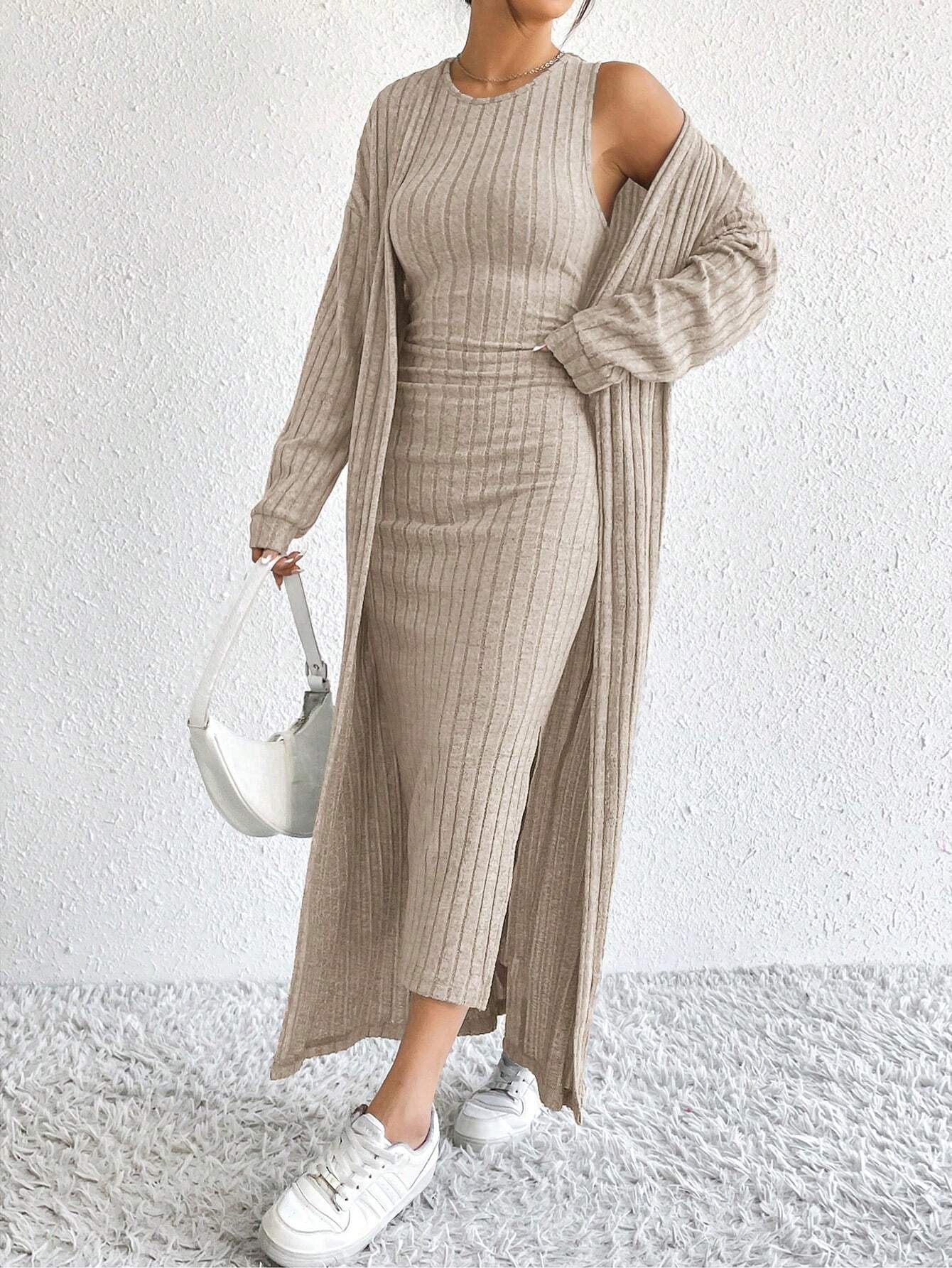 DEMI™ Dress Set | Autumn Ribbed Knit Dress & Cardigan Set