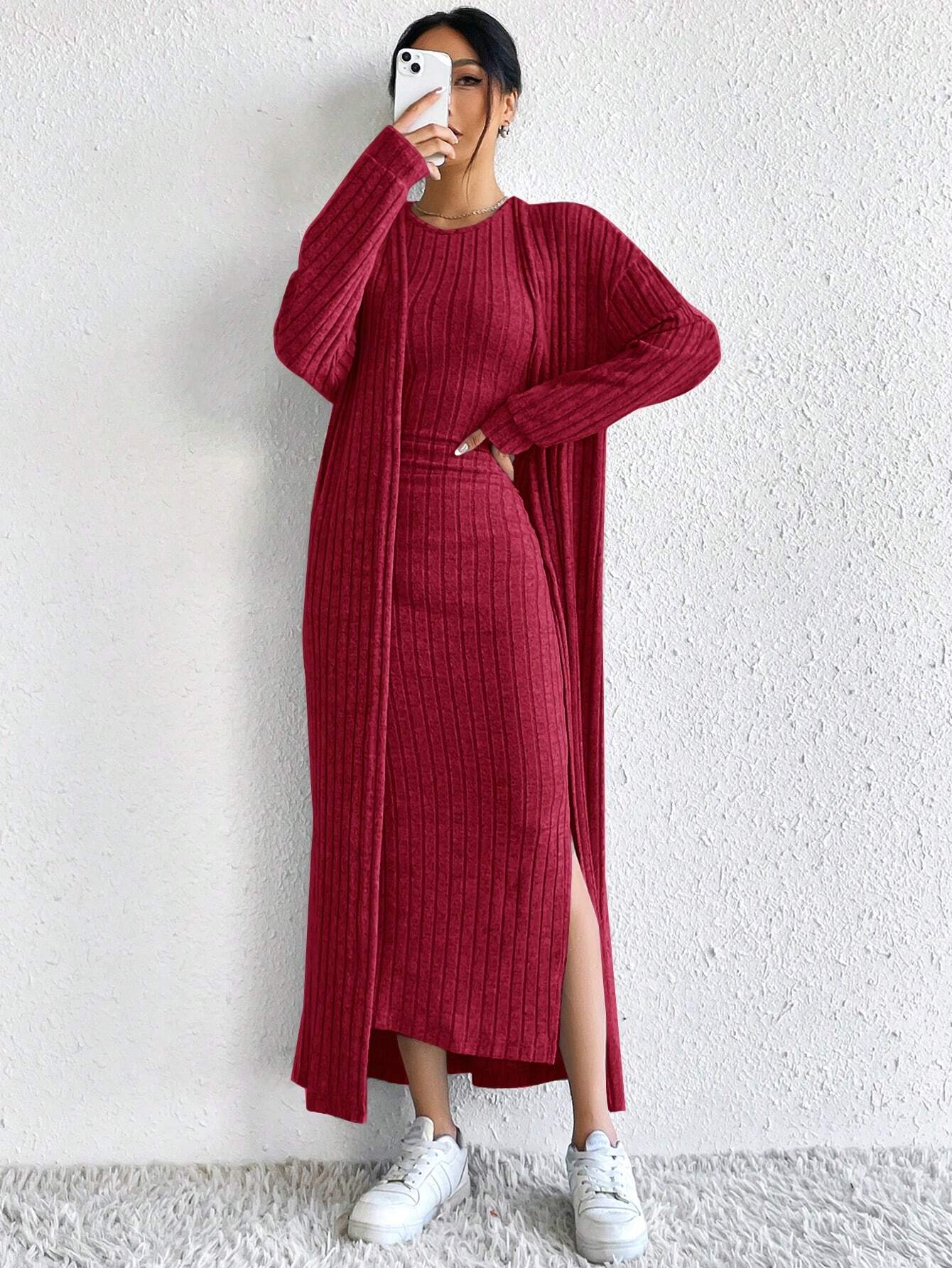 DEMI™ Dress Set | Autumn Ribbed Knit Dress & Cardigan Set