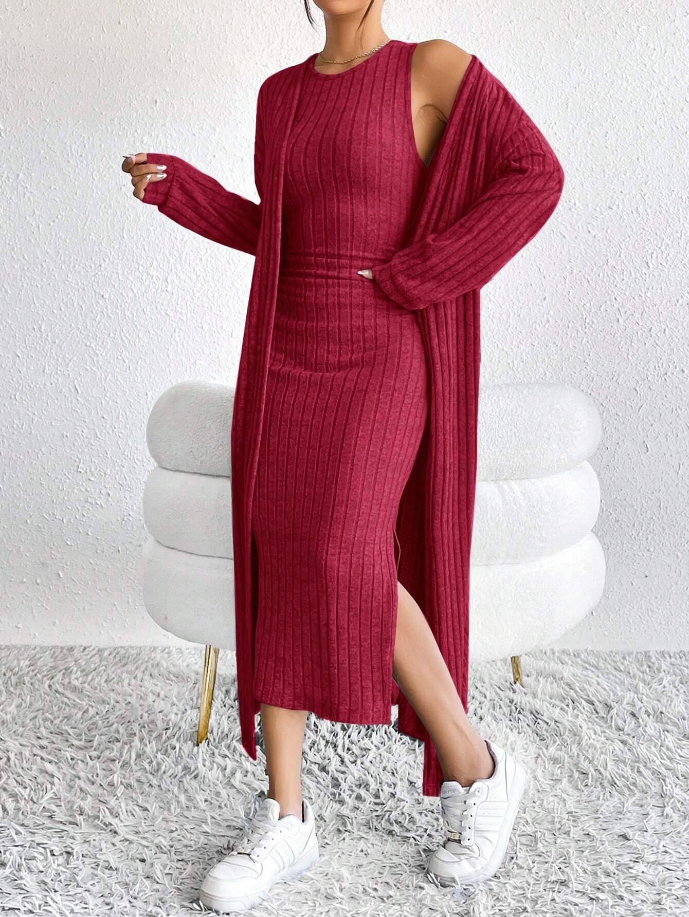 DEMI™ Dress Set | Autumn Ribbed Knit Dress & Cardigan Set