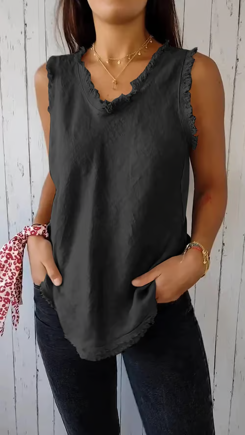 SOPHIA™ Top | Linen Blend V-Neck Raw Edge Singlet | 50% OFF