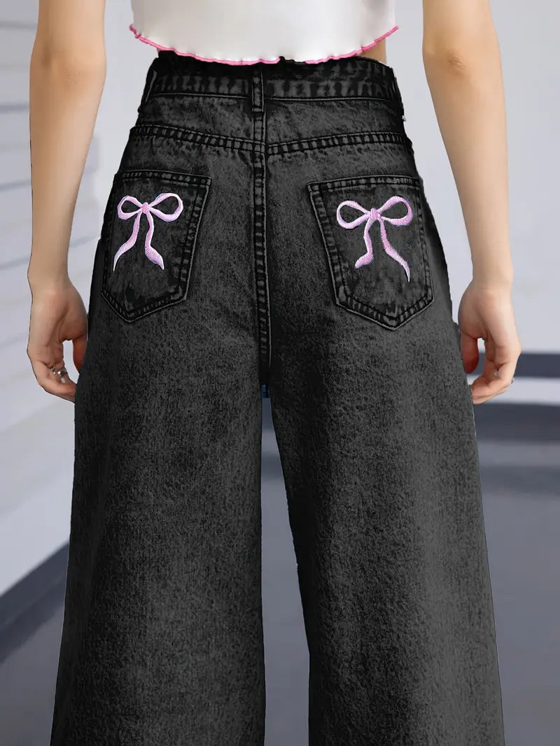 MARINA™ Jeans | Viral Pink Bow Women's Wide Leg Jeans