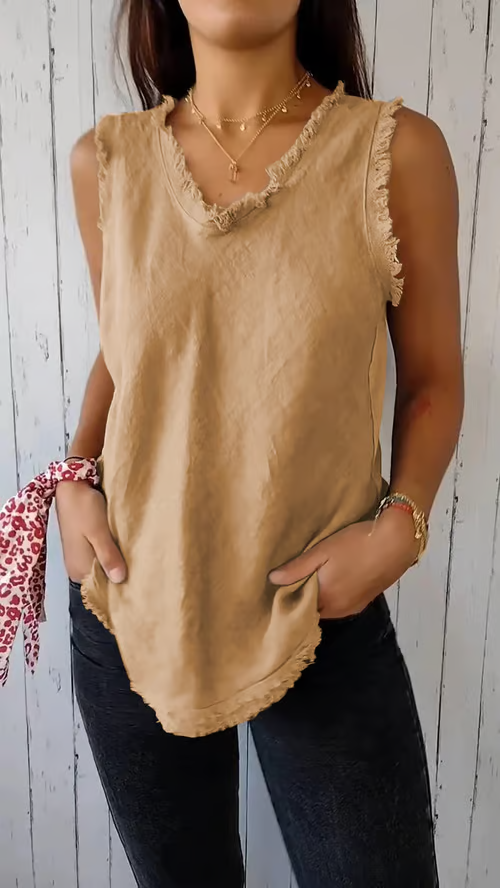 SOPHIA™ Top | Linen Blend V-Neck Raw Edge Singlet | 50% OFF