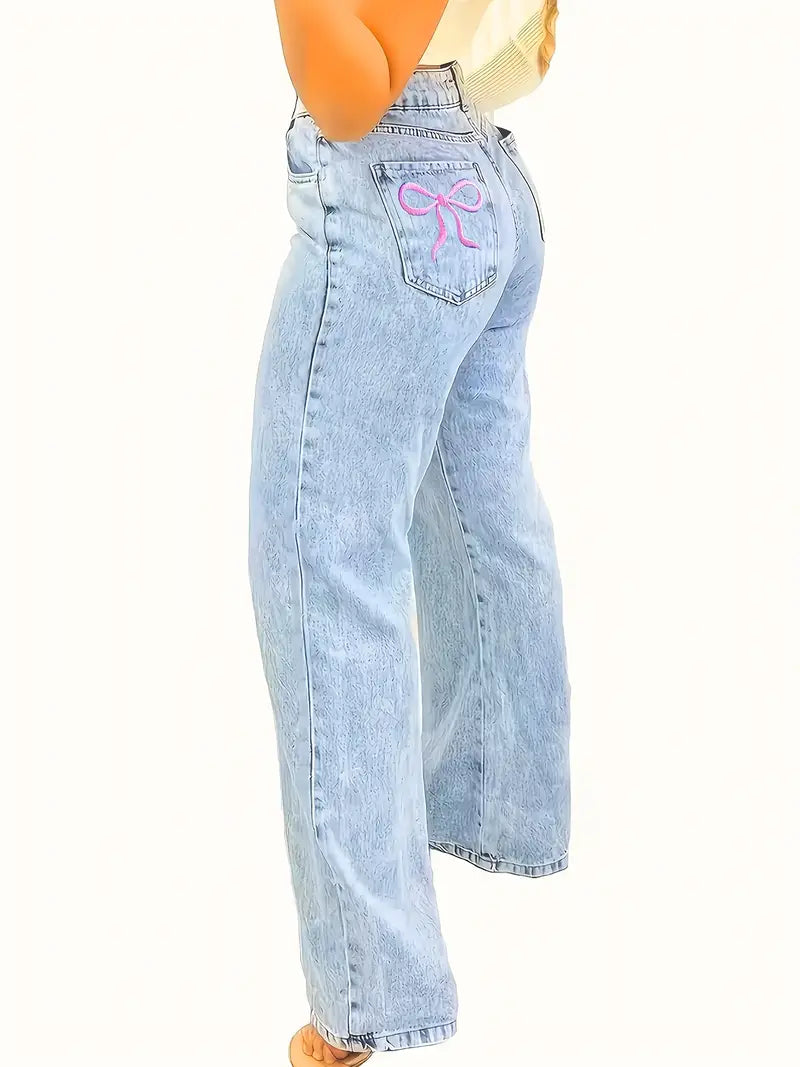 MARINA™ Jeans | Viral Pink Bow Women's Wide Leg Jeans