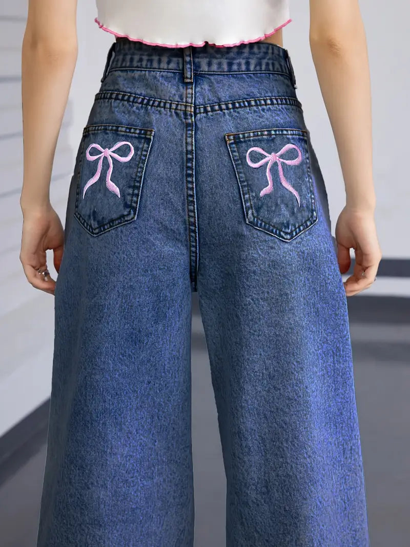 MARINA™ Jeans | Viral Pink Bow Women's Wide Leg Jeans