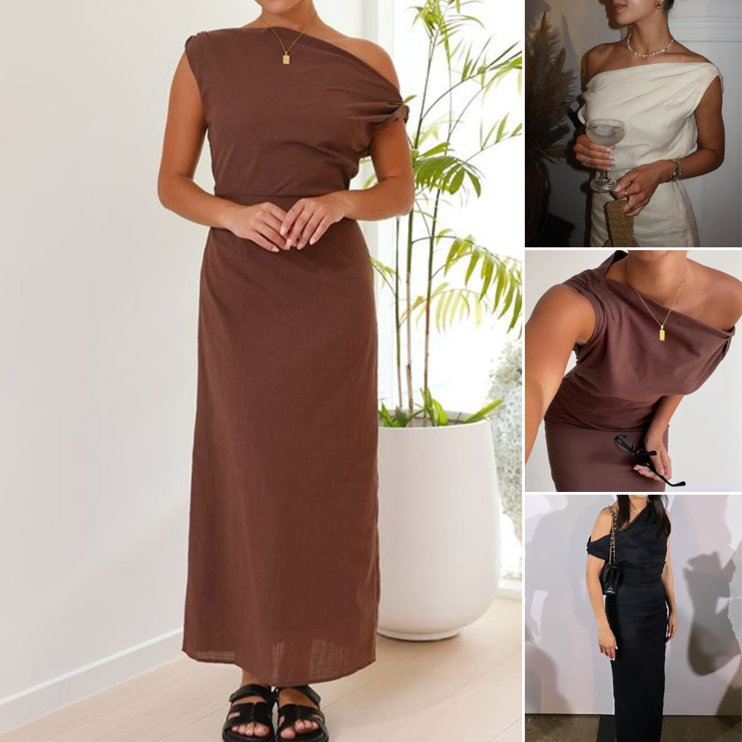 JULLIE™ Dress | Slant Shoulder Linen Dress | 50% OFF