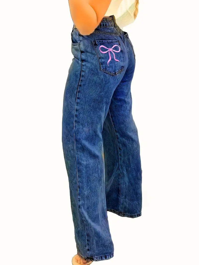 MARINA™ Jeans | Viral Pink Bow Women's Wide Leg Jeans