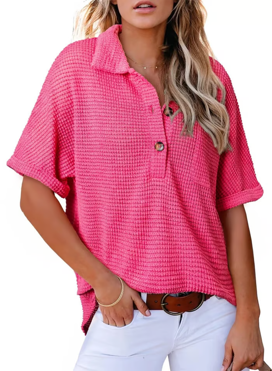 HENLEY™ Top | Waffle Knit Short Sleeve Tunic Top